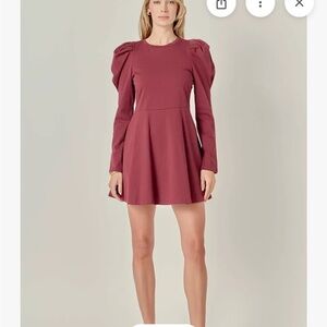 English Factory Wine Puff Sleeve Mini Dress